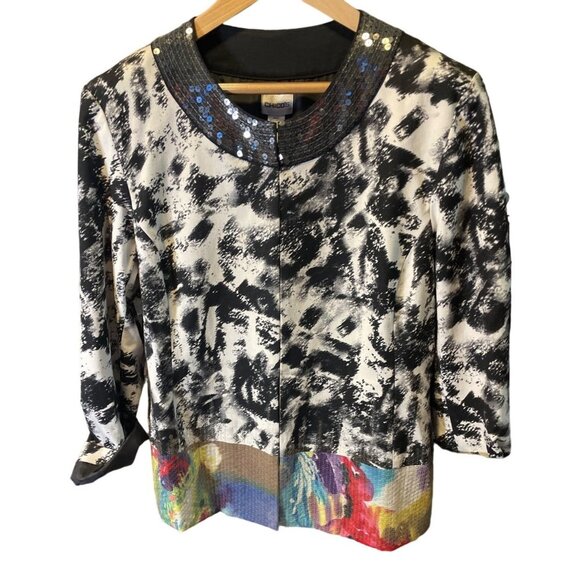 Chico's Geisha Girl Black White Sequined Neckline Colorful Sequin Hem Jacket - Picture 1 of 11